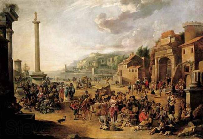 GRAFF, Anton A market in an Italianate harbour with Diogenes in search of an honest man Norge oil painting art